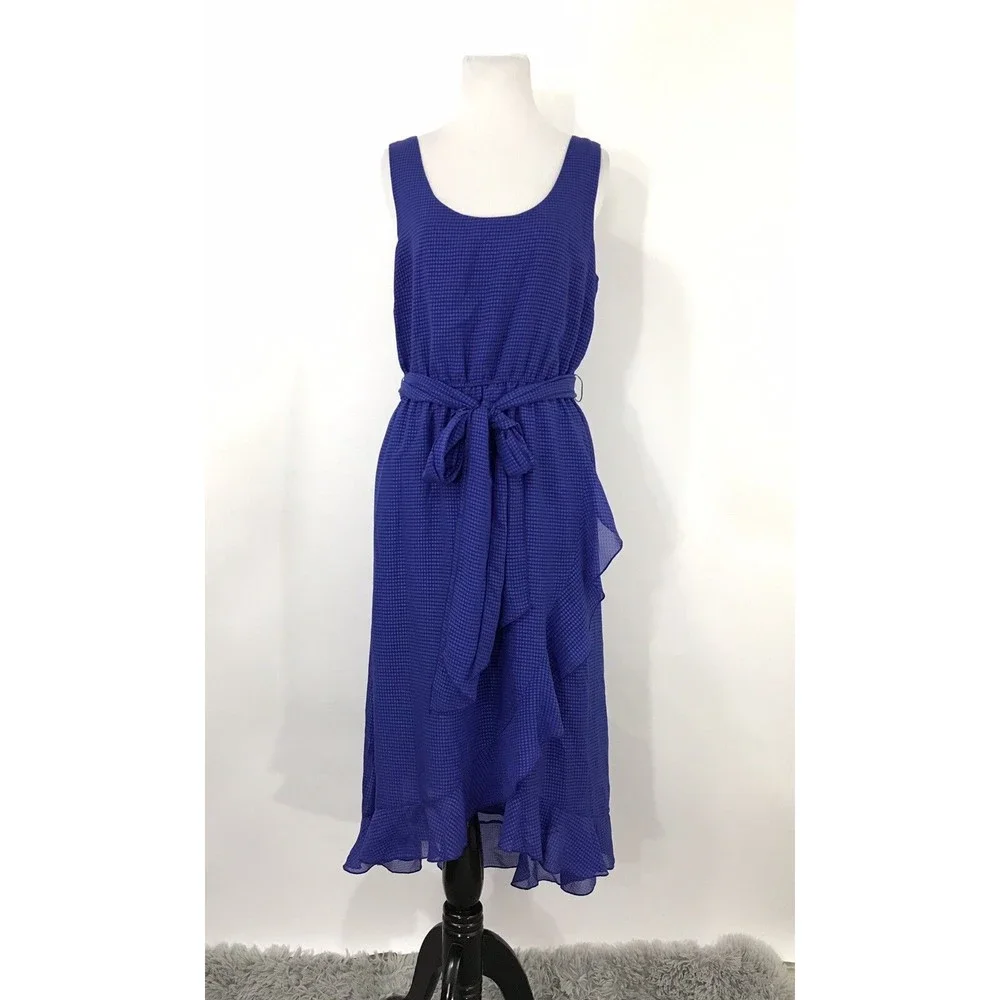 NWT Belle Badgley Mischka‎ Sleeveless Blue Ruffle Hem Tie Waist Dress Size 8